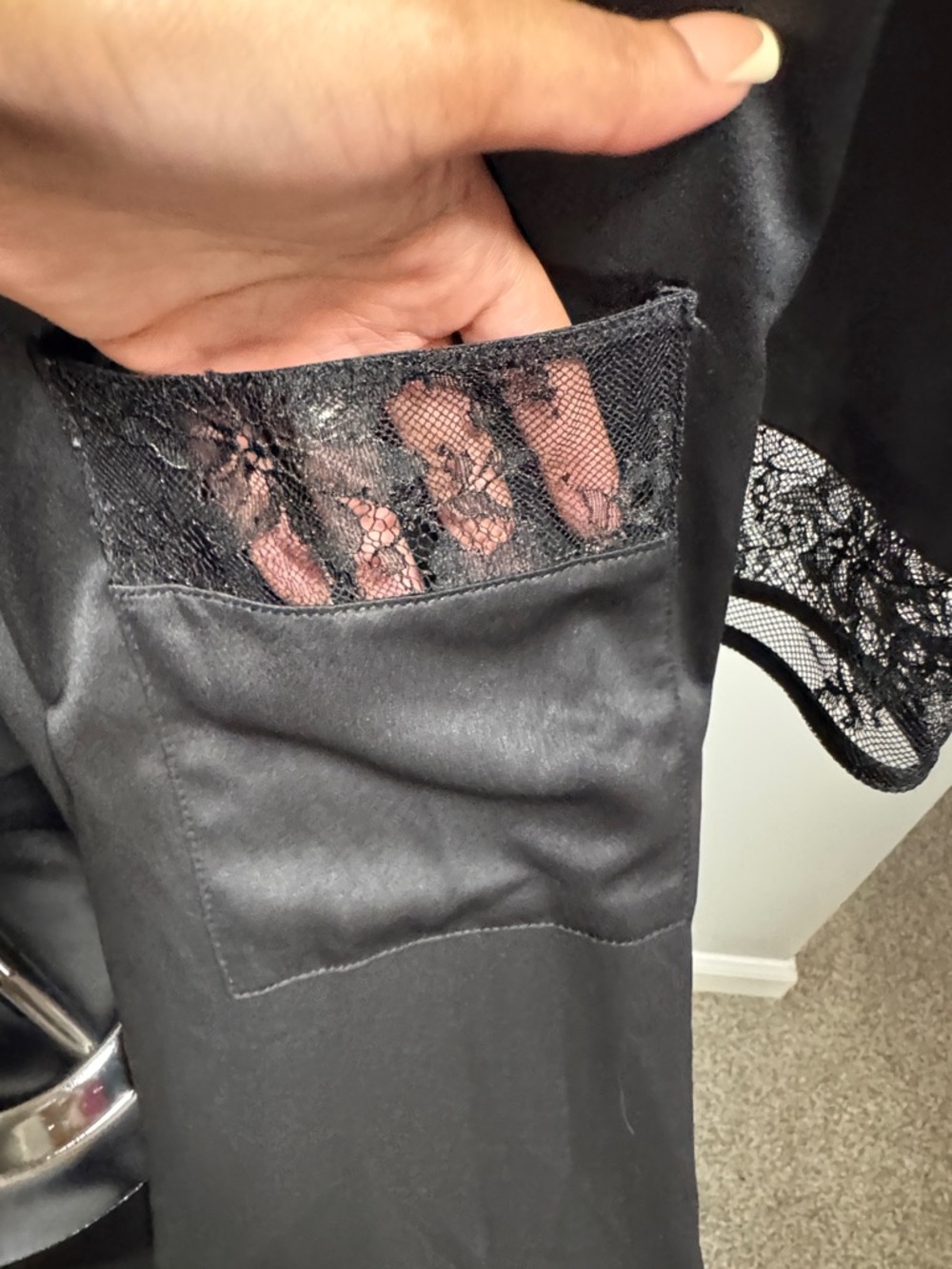Women's Black Long Satin Feel Robe with Patch Pockets - Picture 8 of 10